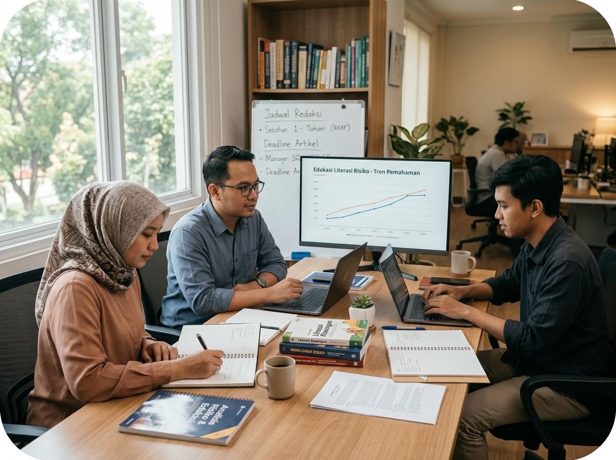 Suasana ruang kerja tim editorial Artikel Risiko Investasi yang tenang