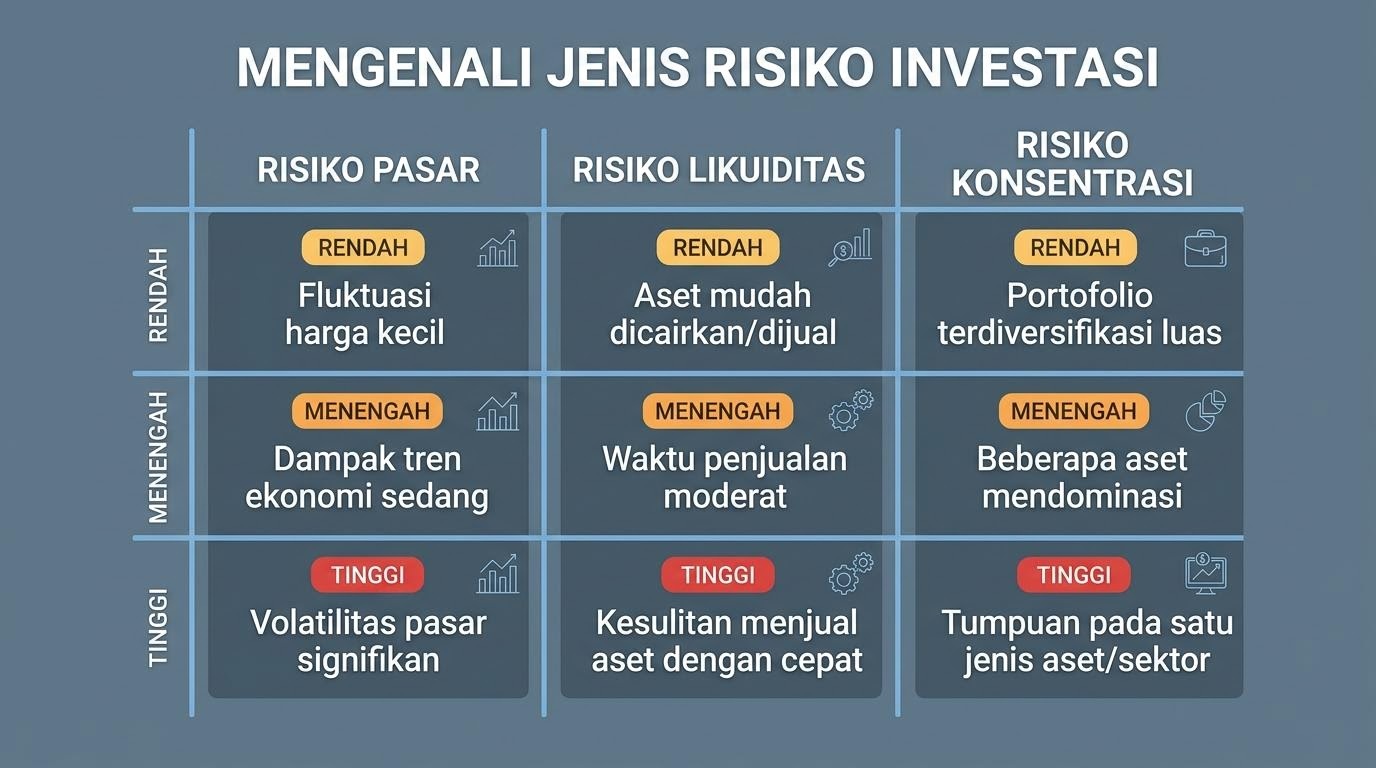 Ilustrasi matriks dimensi risiko investasi dengan nuansa biru baja yang tenang