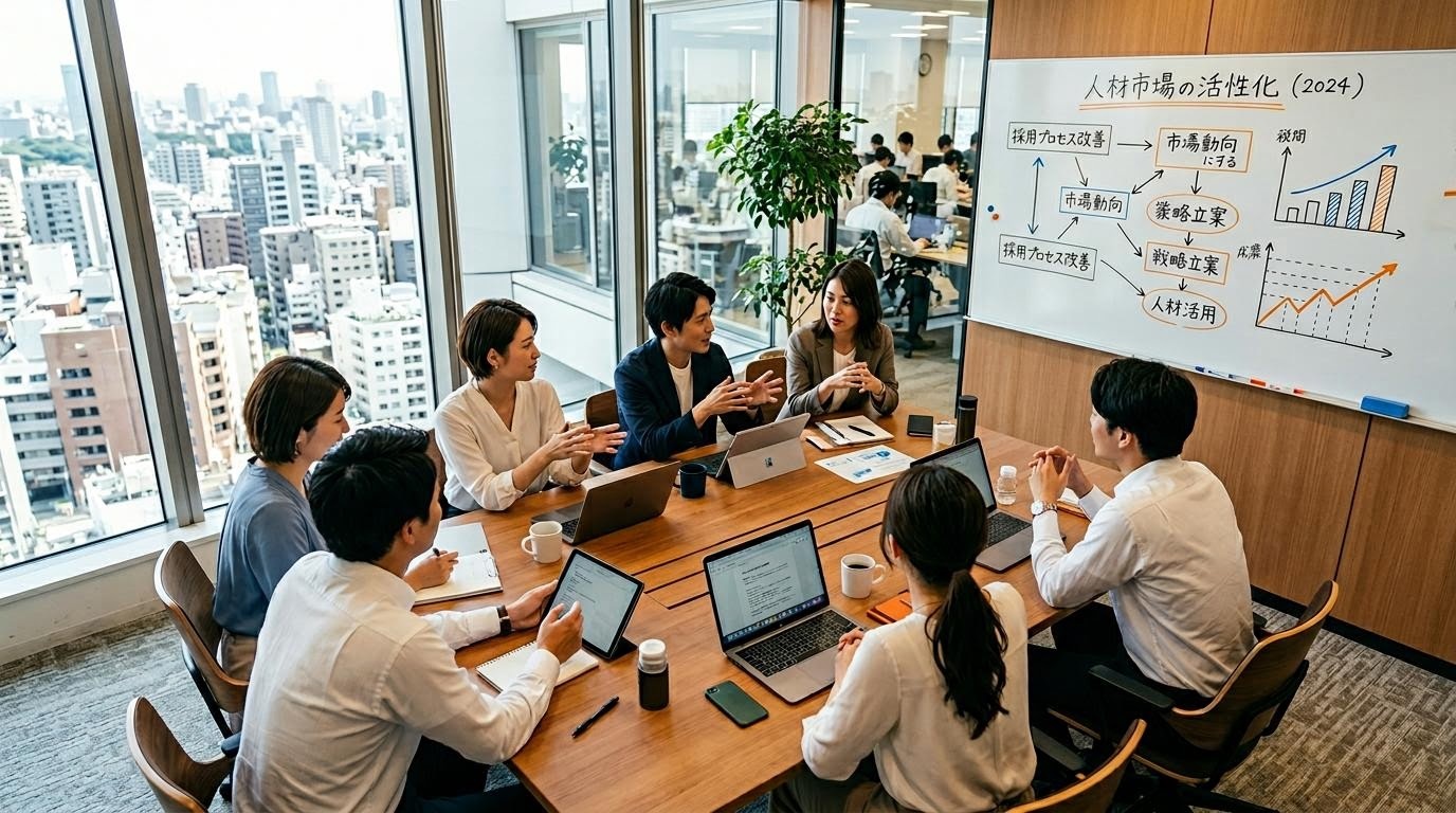 リクルートの株価と人材市場の関係を示すイメージ